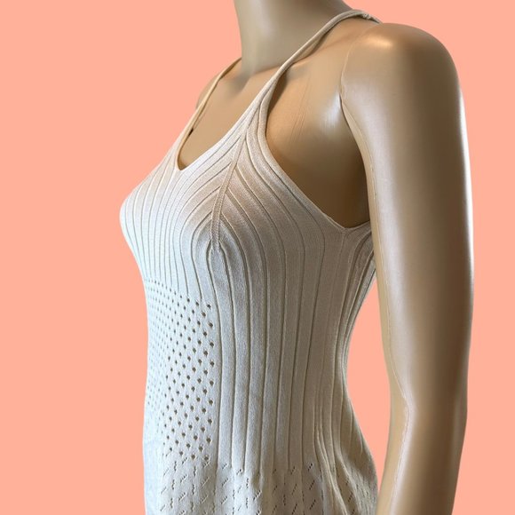 Womens Ribbed Beach Slip Dress Large L Ivory Crochet Stretch Knee Length beach - Picture 6 of 11
